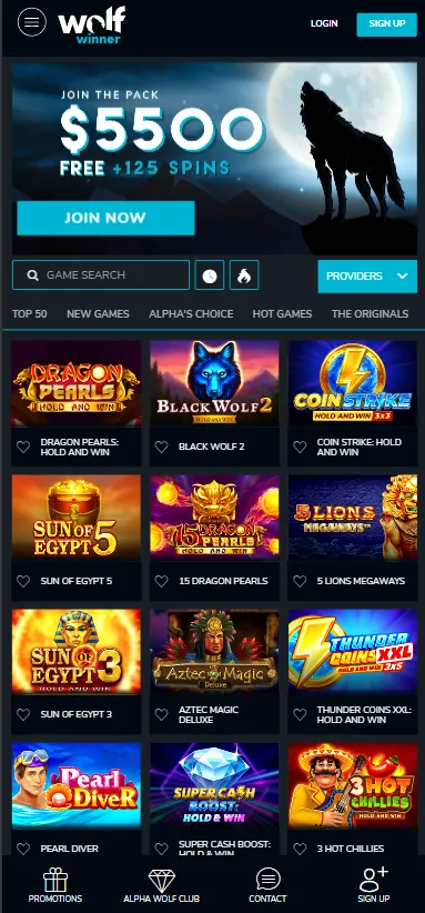 Wolf Winner mobile lobby on a phone with the welcome banner, game search and a grid of pokies