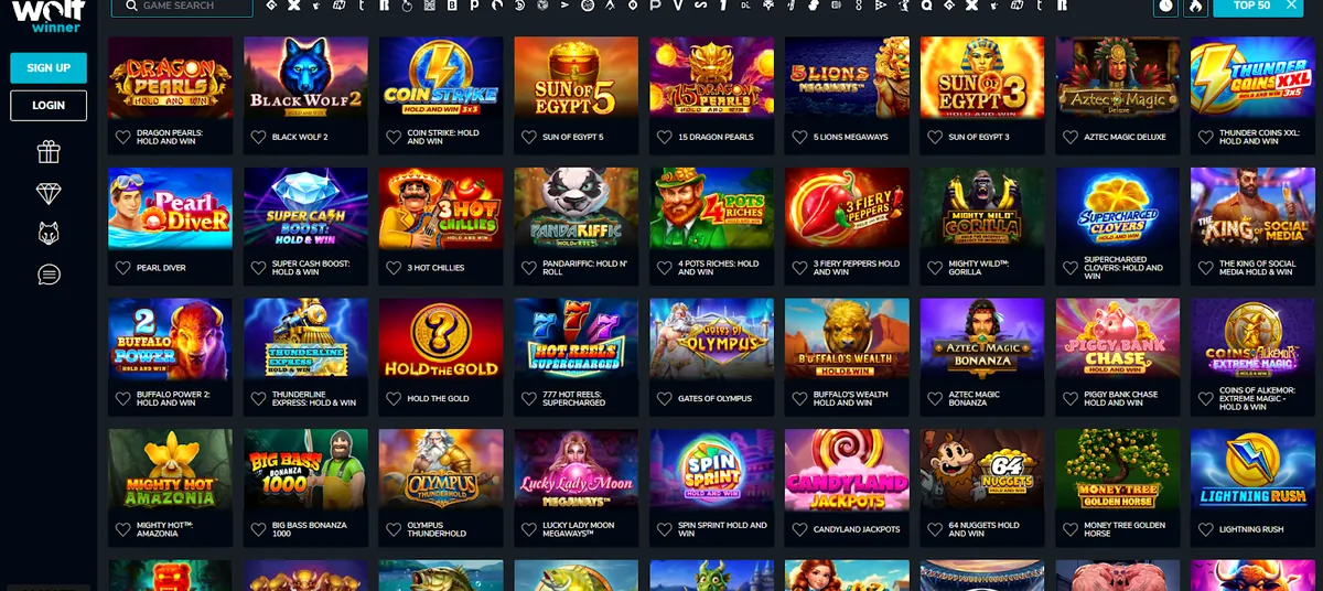 Grid of pokies thumbnails in the Wolf Winner lobby, including Dragon Pearls, Black Wolf 2 and Sun of Egypt 5