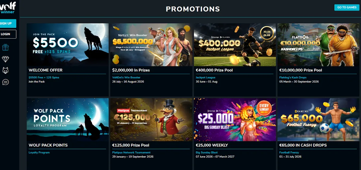 Wolf Winner promotions page listing the welcome offer, prize pools and the Wolf Pack Points loyalty programme